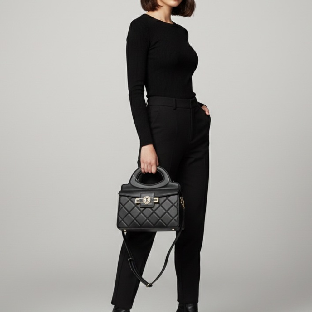 Valentino Orlandi Black Quilted Leather Handbag | Made in Italy | Gold Hardware